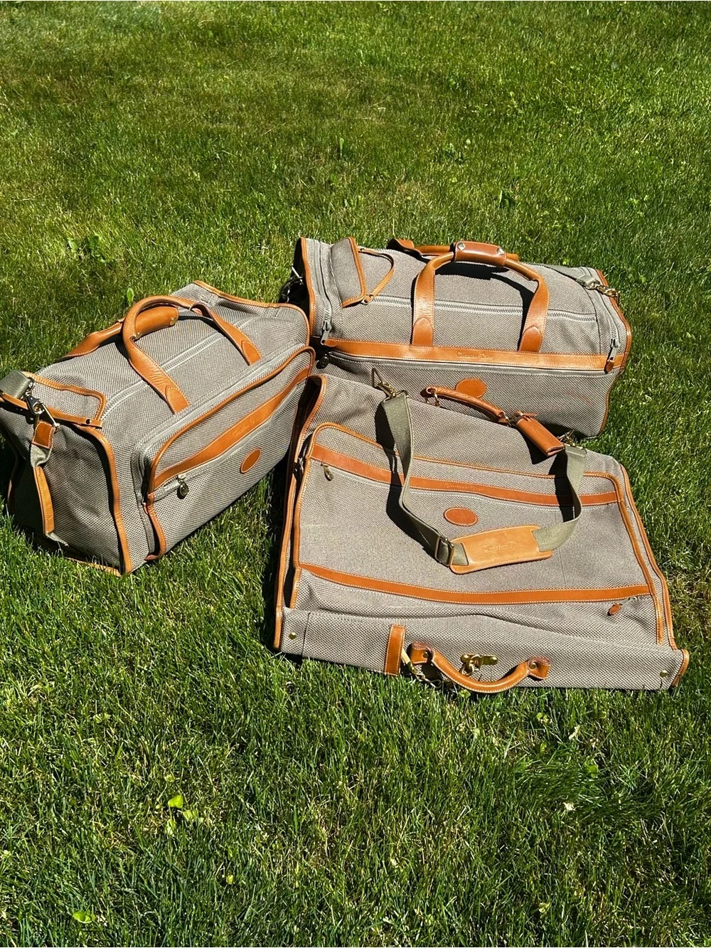 Christian Dior Vintage 3 Piece Honeycomb Canvas Tan Leather Travel set